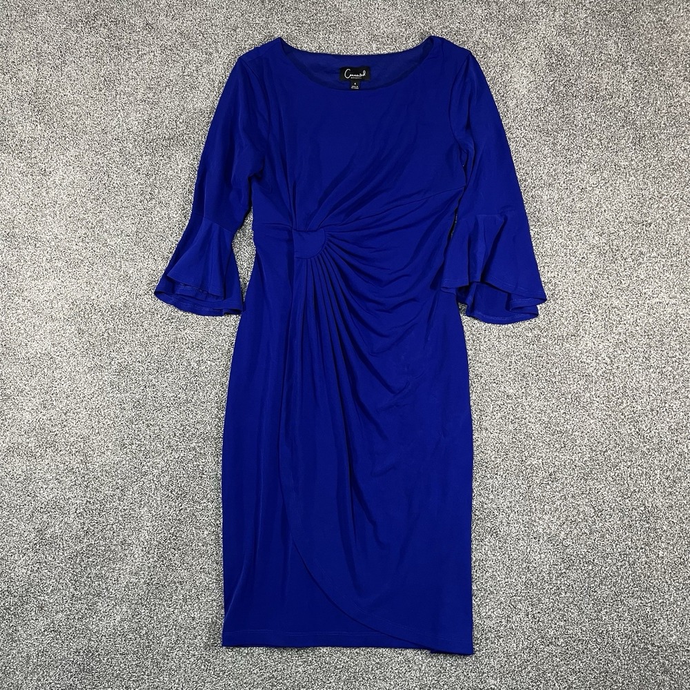 Connected Apparel Womens Dress Size 4 Blue Ruched Bell Sleeve Sheath Midi